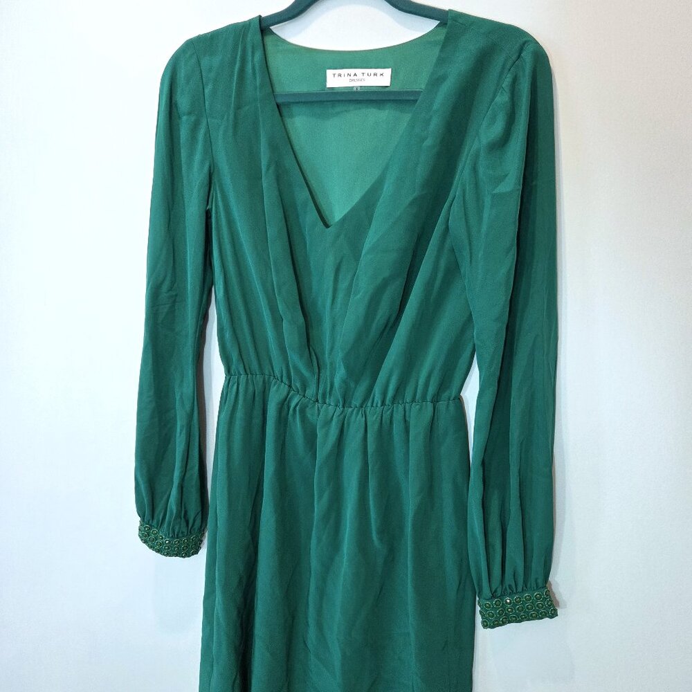 NWOT Trina Turk Emerald Green Silk Dress with Beaded Accents Size 0